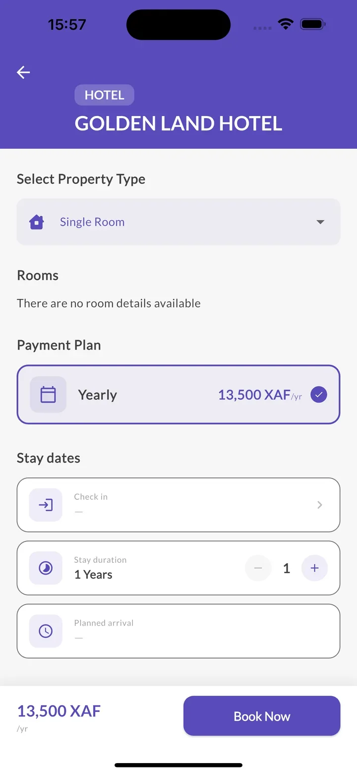 Booking screen with payment plan and stay dates