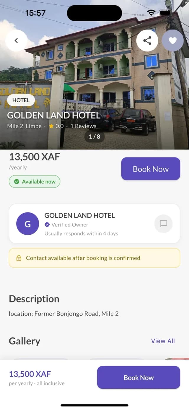 Property detail page for Golden Land Hotel in Limbe with verified owner and the price the guest pays, commission included
