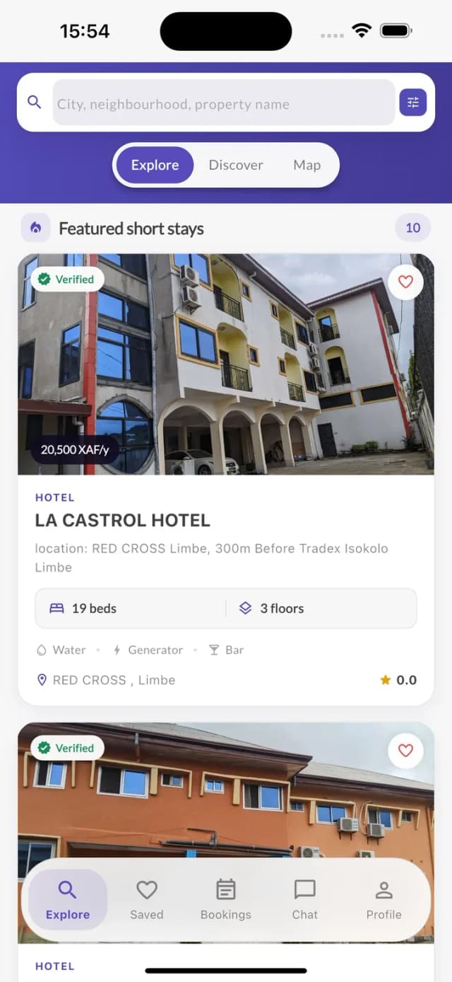 Find Home app showing featured verified stays in Limbe