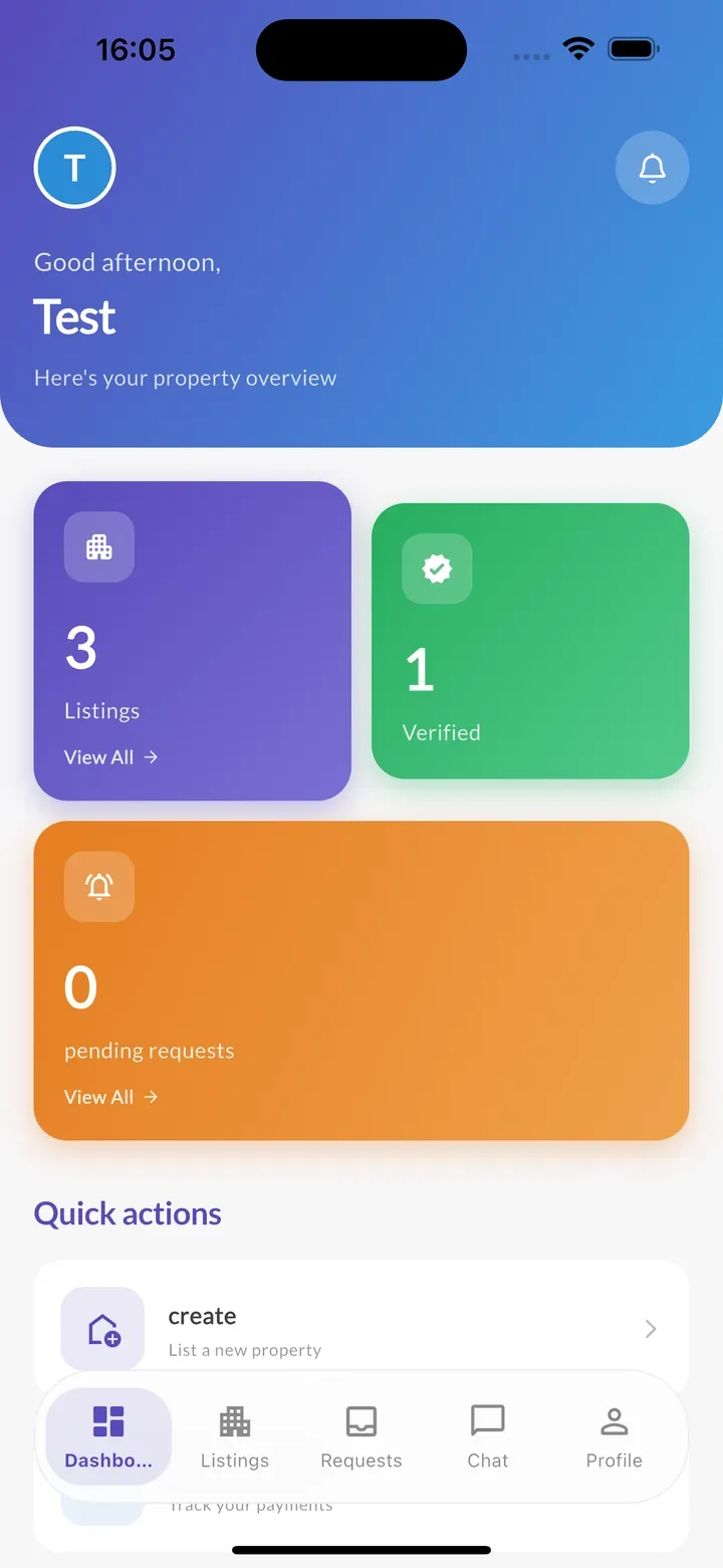 Landlord dashboard showing listings, verification status and pending requests